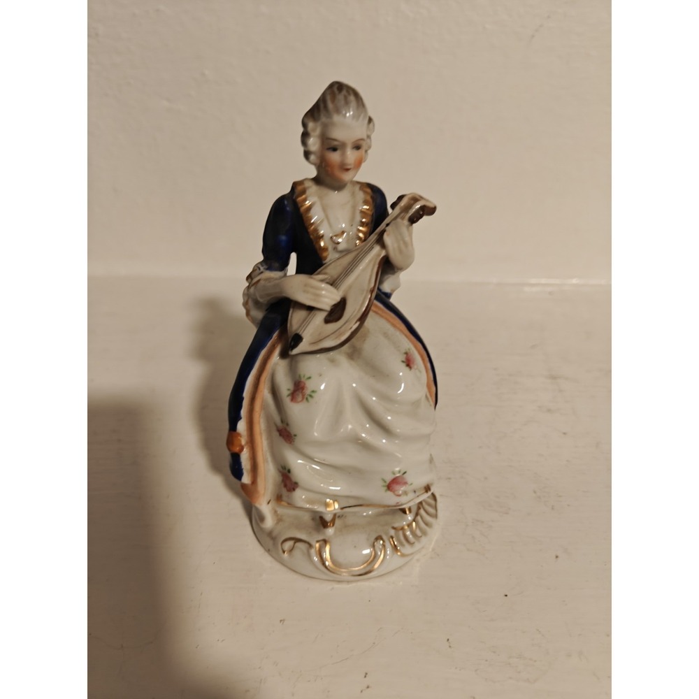 Vintage Porcelain Lady Playing Lute Figurine. Made In Occupied Japan